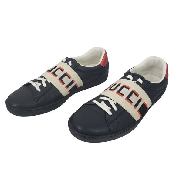 Gucci Mens Ace Stripe Sneakers Black White Stripe Red Heel Designer Low Top Shoe - Picture 1 of 12